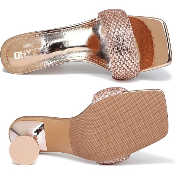 Women's Champagne Rhinestone Chunky Heel Open Toe Slip On Slides Kitten Heels - Picture 6 of 6